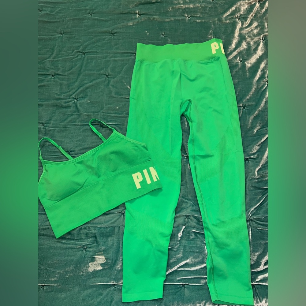 NWOT. PINK sports bra/legging set. Size:Large. Color: bright green.
